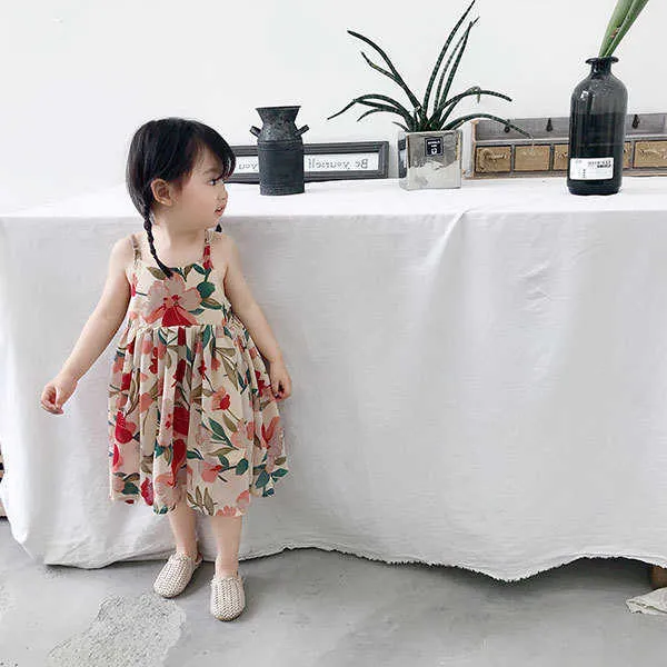 2020 nouveau été filles robe mignon coréen fleur florale jarretelle princesse robe de soirée enfants bébé enfants filles vêtements Q0716