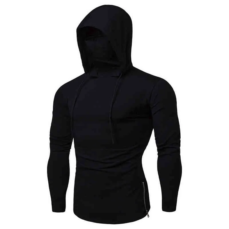 Outono inverno homem hoodies mangas compridas com máscara cor sólida camisolas qualidade jogger textura pullovers de cordão 220114