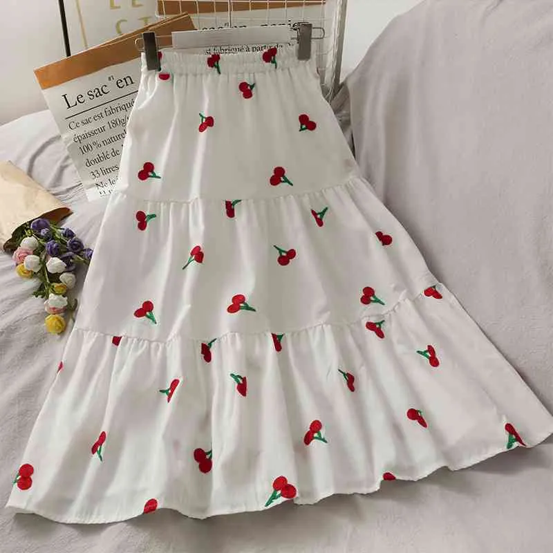 Kimutomo Doux Vent Jupe Filles Fraise Broderie Couture Femmes Lâche Taille Haute Mince A-ligne Jupes Élégant 210521