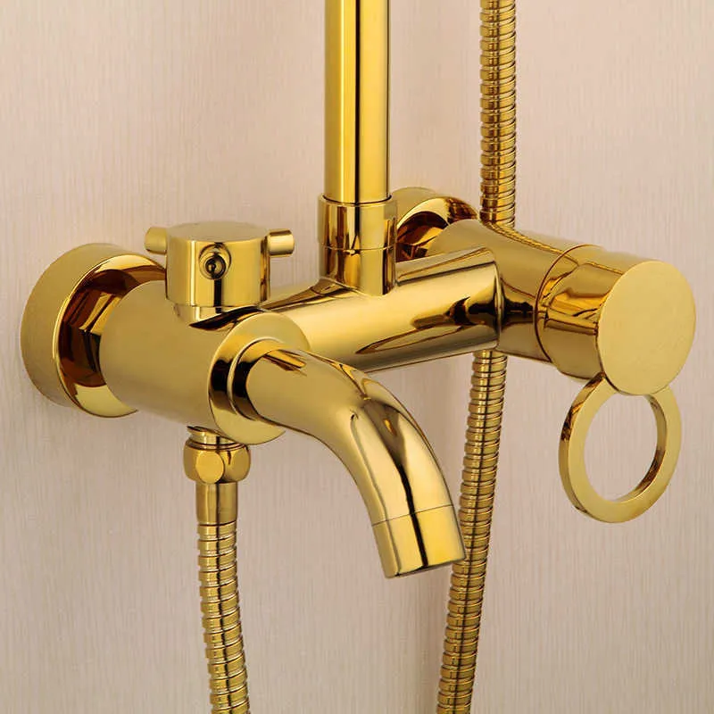 Conjunto de chuveiro de banheiro de ouro Senducs Round Rauwall Hand Chuveiro Cabeça de cobre Torneiras de banheira Sistema de banho de banho frio x07055327706