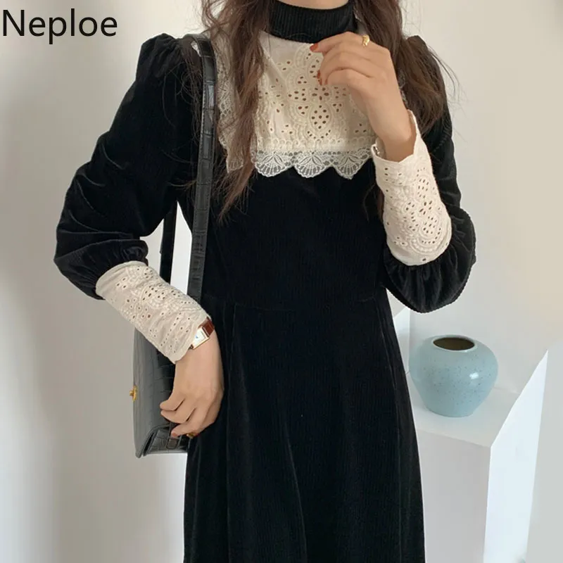 Neploe Maxi Robes pour femmes coréennes Chic Stand Col Dentelle Patchwork Robes Slim Wiast Puffles Tempérament élégant Robe noire 210422