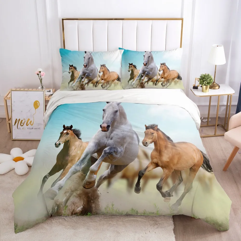 3D -sängkläder set duvet täcke täcke set comporterare kudde säng linne kung drottning full enstaka storlek vit djur häst hem texitle 23013219