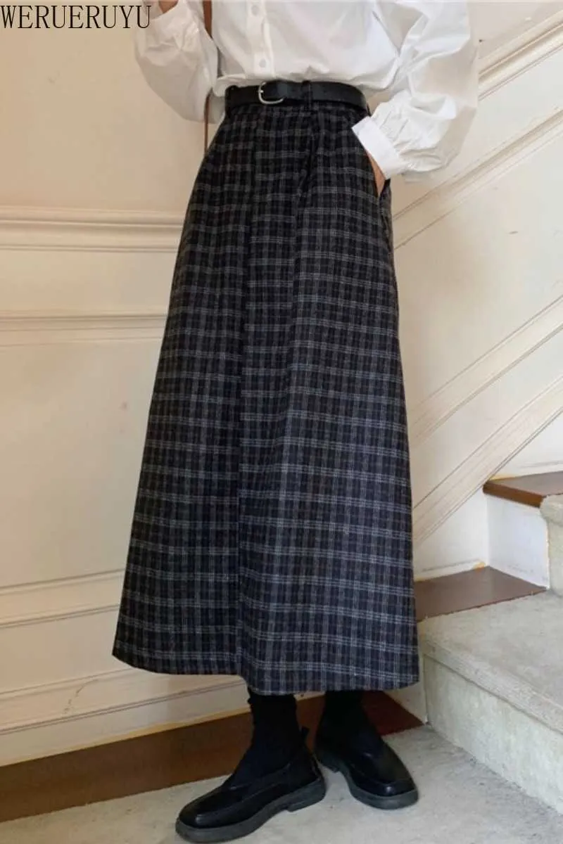 WERUERUYU Vintage angleterre Style longue jupe à carreaux femmes automne hiver élégant a-ligne large balançoire taille haute jupes femmes 210608