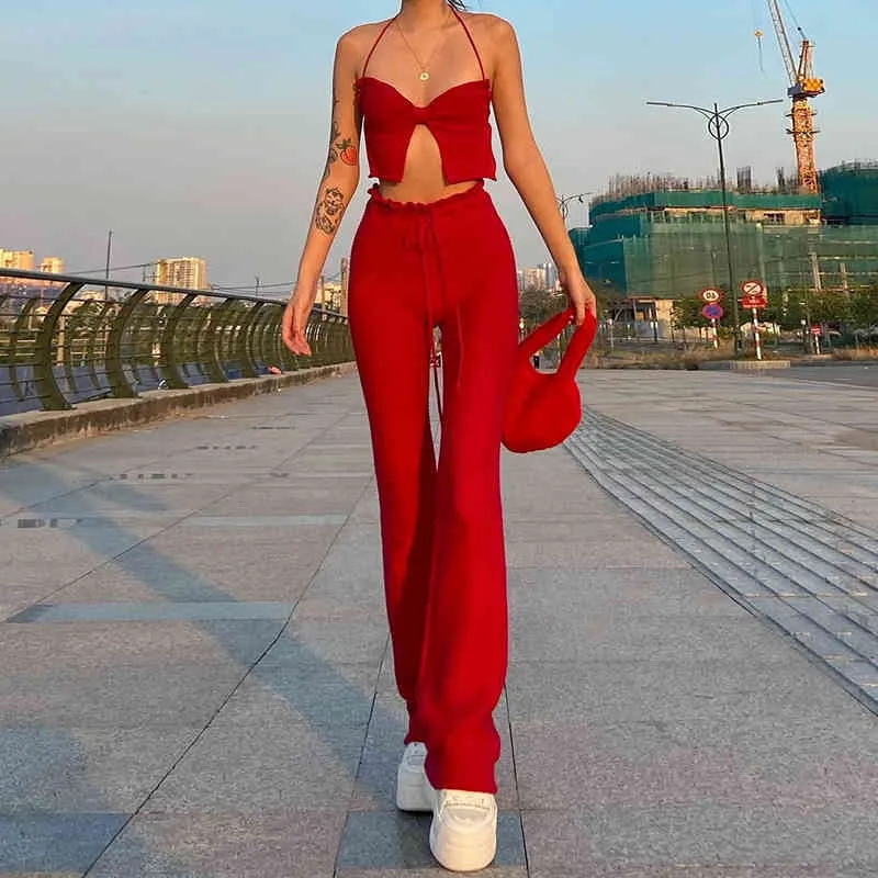 Street Casual Rouge Slim Flare Pantalon Femmes Taille Haute Cordon Enveloppé Pantalon De Hanche Été Harajuku Y2K Pantalon De Survêtement 210517