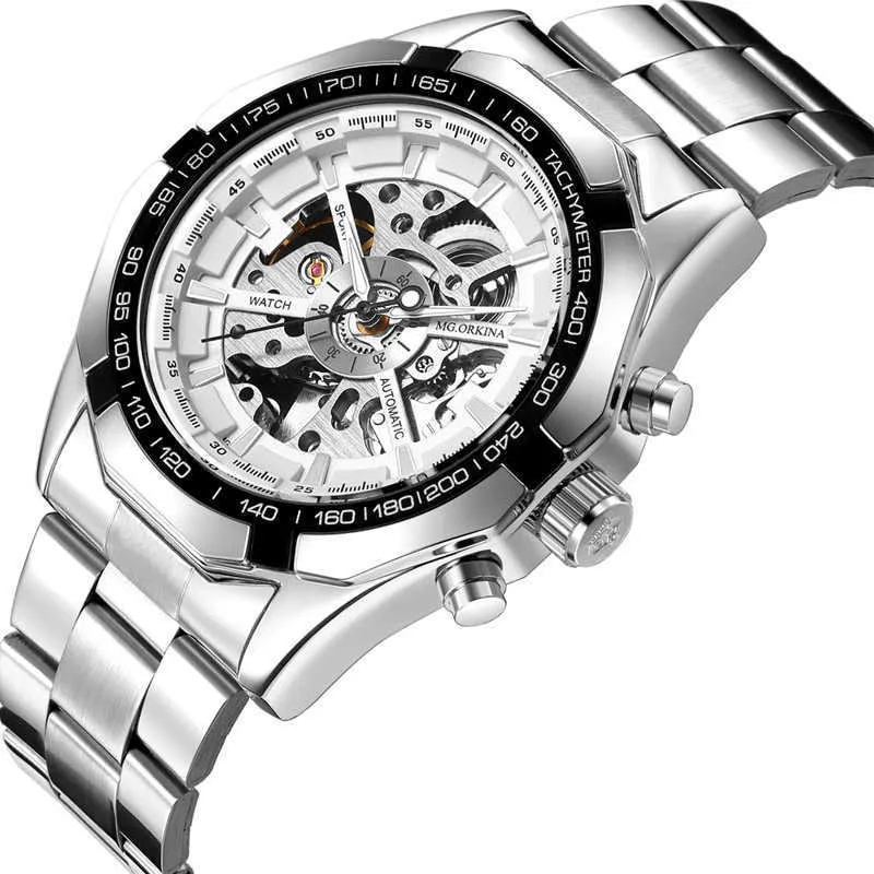 Orkina Silver Stali Stal Stal Classic Designer Mens Szkielet zegarki Top Marka Luksusowy przezroczysty mechaniczny męski zegarek na nadgarstku 2107281k