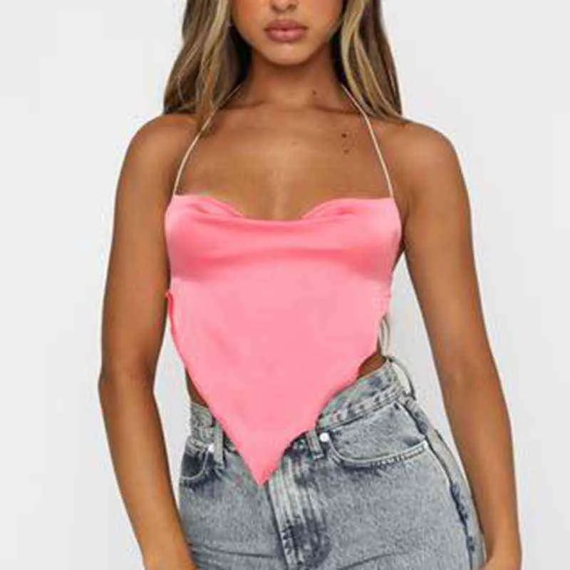 Sexiga kvinnor silke ärmlös oregelbunden hem cami sommar satin halter top backless bandage beskuren y2k streetwear outfits het girl y220304