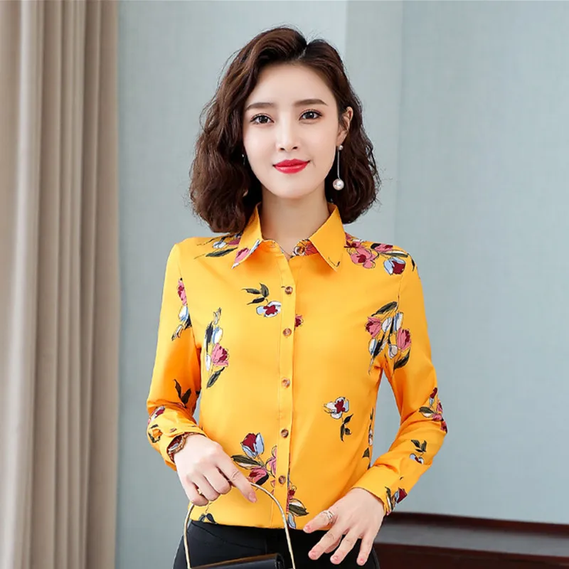 Koreanische Frauen Hemden Chiffon Blusen für Frauen Langarm Shirt Office Dame Druck Hemden Plus Größe Frau Blumenbluse xxxl 210326