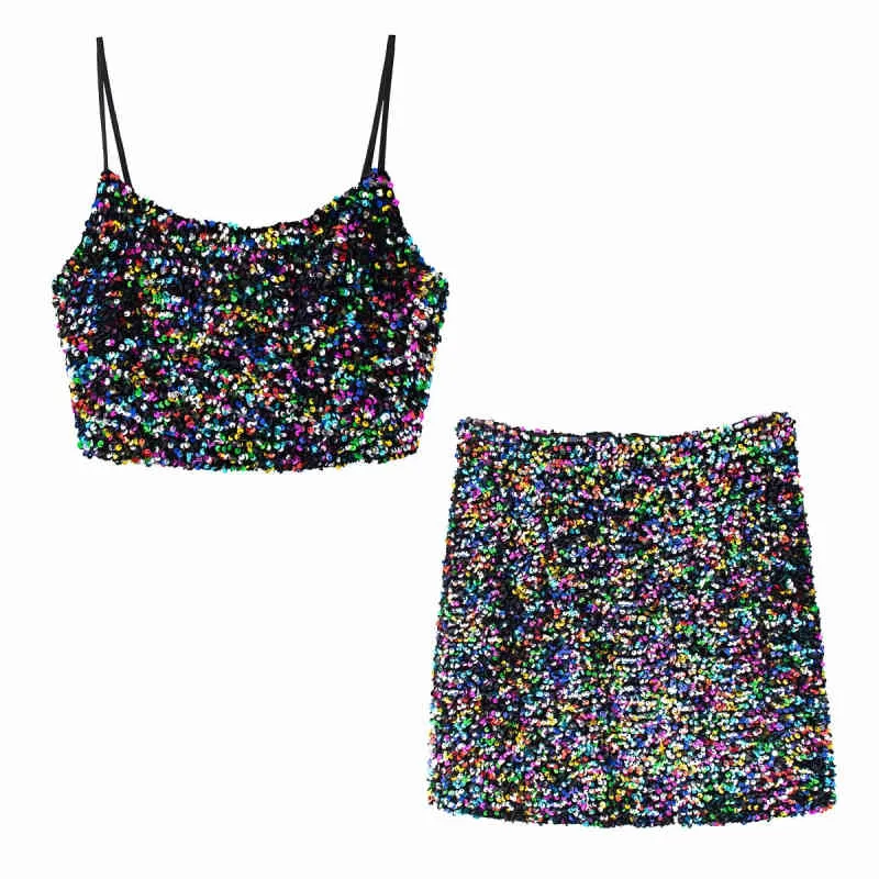 Sexy vrouw kleurrijke lovertjes camisole pak lente zomer mode dames glanzende club pakken vrouwelijke chic blingbling bovenkleding 210515