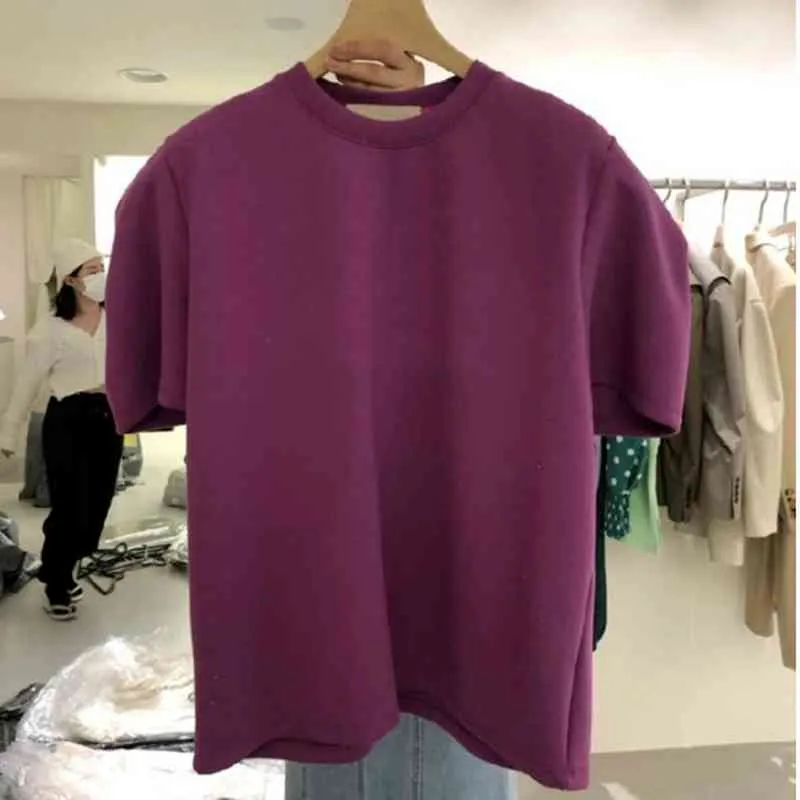 Mode coréenne manches bouffantes col rond femme t-shirts décontracté lâche col rond femmes violet hauts été à manches courtes t-shirt Ropa Mujer 210514