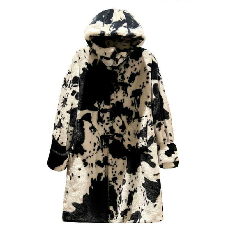 Winter Fur Coat Women Windbreaker Color Matching Long Imitation Fur Coat Female Loose Thick Warm Hooded Female Jacket 210817