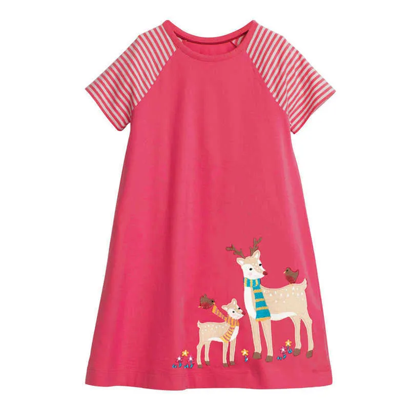 Jumping Metrów Aplika Zwierzęta Dresses Baby Summer Giraffe Girl Odzież Bawełna Krótki Rękaw Pasek Księżniczka Dzieci Tunika Dress 210529