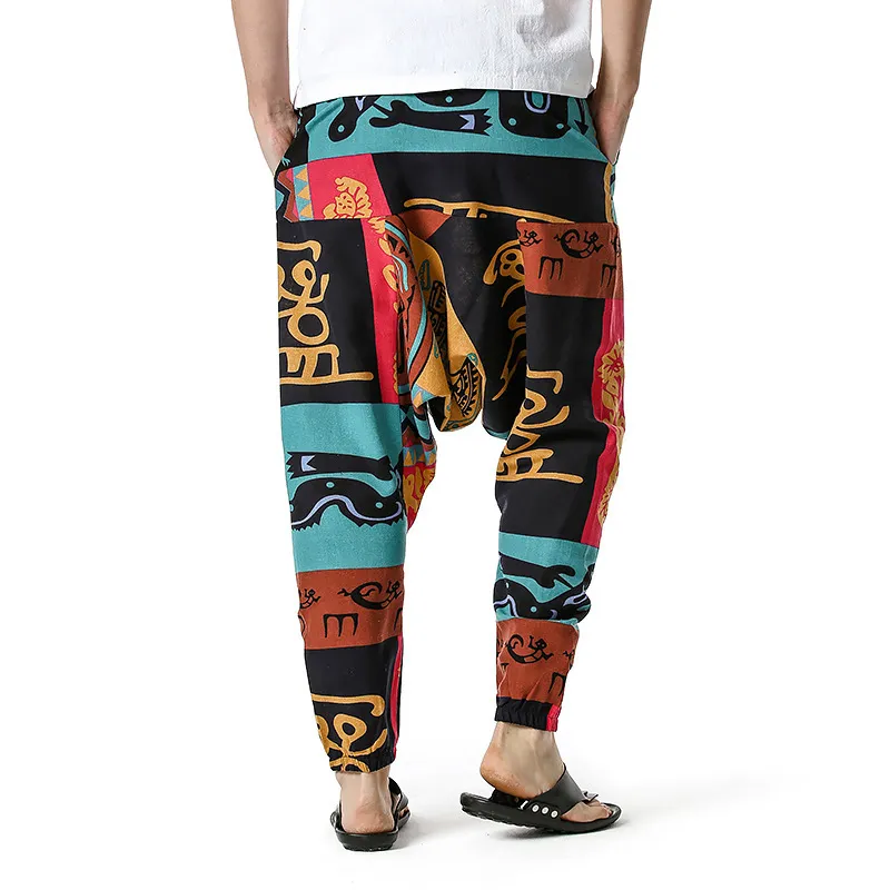 Calça Hip Hop Baggy Harém Baixa Entre Virilhas Masculina Estampada Genie Calça Hippie de Algodão Casual Harajuku Joggers Calça de Moletom 210522