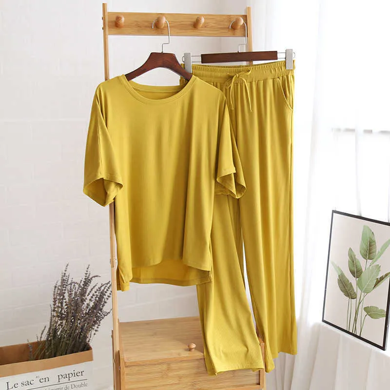 Plus Size Modal Cotton Women's Pyjamas Set Loose Casual Homewear Suit Summer Home Clothes Ladies Short Sleeve Pyjamas 210809