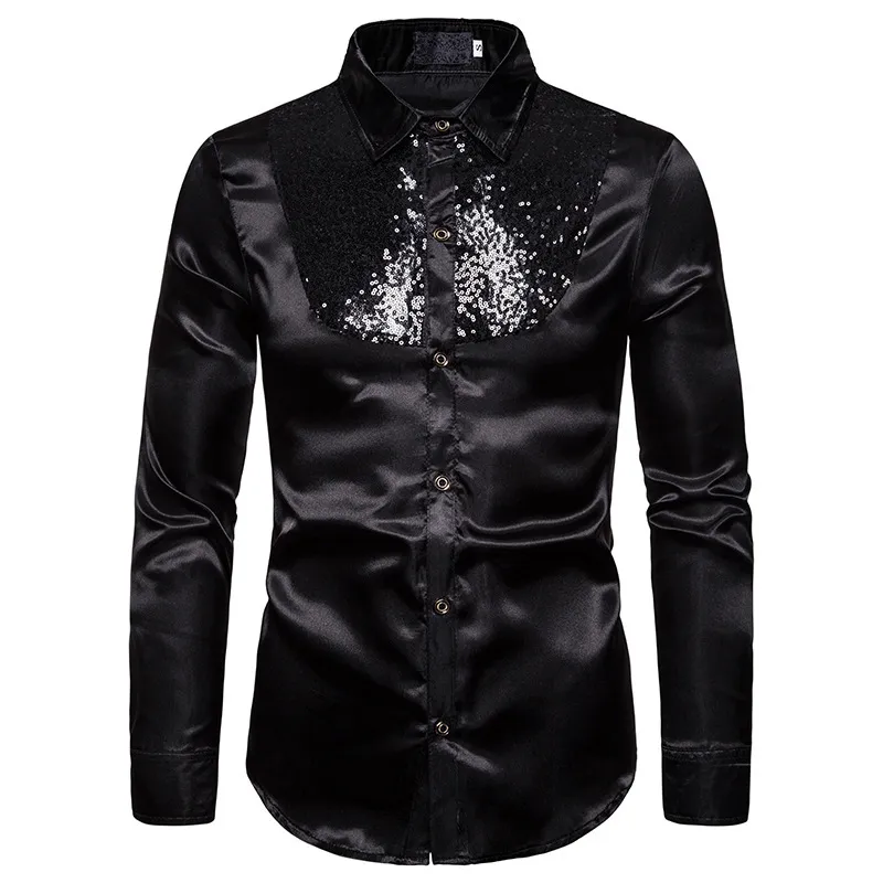 Mens Sequin Patchwork Silk Shirts Fashion Western Boy Festival Shirt Casual Long Sleeve Dance Stage Prom Chemise Homme 2XL 210522