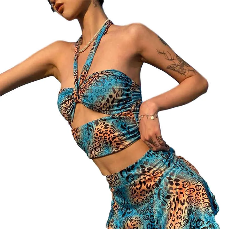 Kobiety Tube Topy Halter Leopard Drukuj Bez Rękawów Sexy Panie Slim Fit Camisole Party Clubwear Lato Sprzedaż Odzież 210522