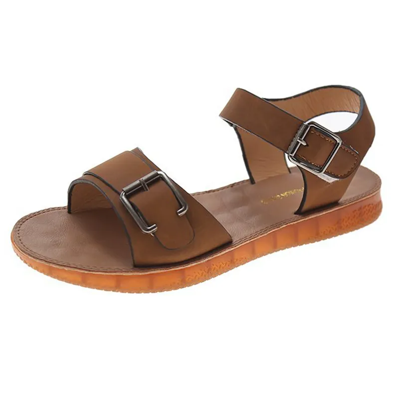 Femmes sandales 2021 été décontracté Rome Style extérieur chaussures plates mode semelle souple marron noir cuir chaussures boucle sangle femmes sandales