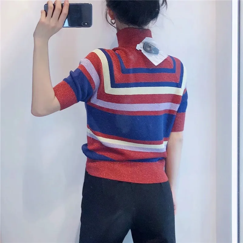 Red Striped Knitted Turtleneck Sweater Women Fall Short Sleeve Sweaters Ladies Metallic thread Rib Pullover 210519