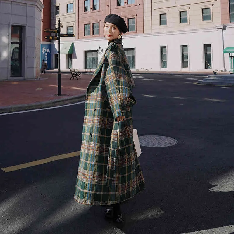 Vintage Plaid Verdicken Frauen Wolle Langen Mantel Outercoat Winter Warme einreiher Gürtel Koreanische Damen Mantel Femme 210513