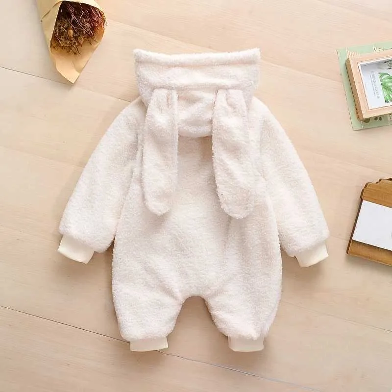 Arrivée hiver bébé longues oreilles fermeture éclair polaire combinaison enfant en bas âge fille une pièce combinaisons vêtements 210528