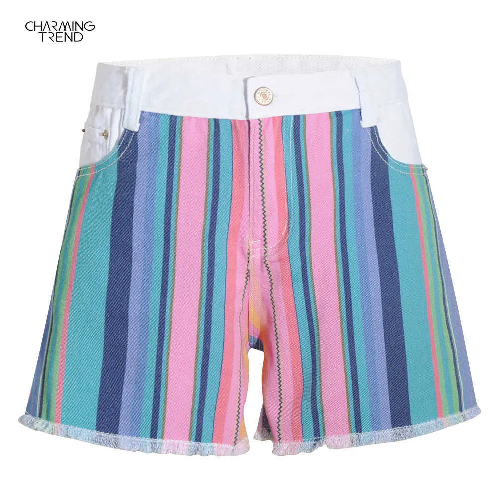 Letnie kolory dżinsowe Kobiety Krótki streetwear Krótkie zabytkowe spodenki w paski Kolorowe luźne dżinsowe spodnie 210702