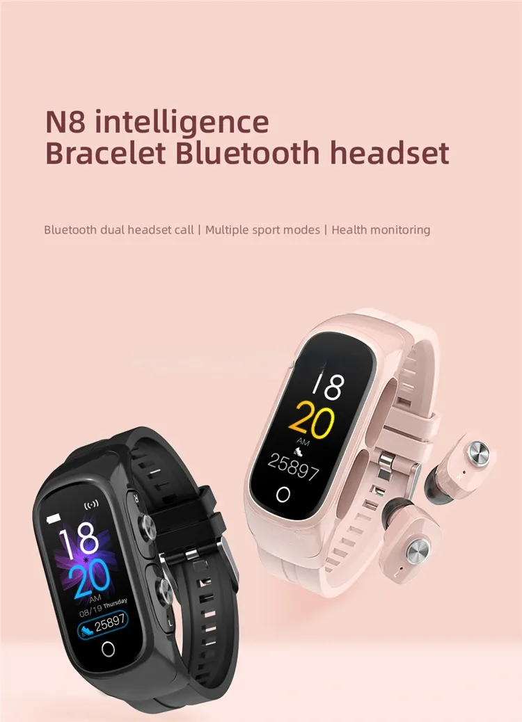 OF8 0.96 pouces TFT écouteur sans fil montre intelligente avec BT fréquence cardiaque smartwatch Sport Bracelet intelligent smartwatch pression artérielle