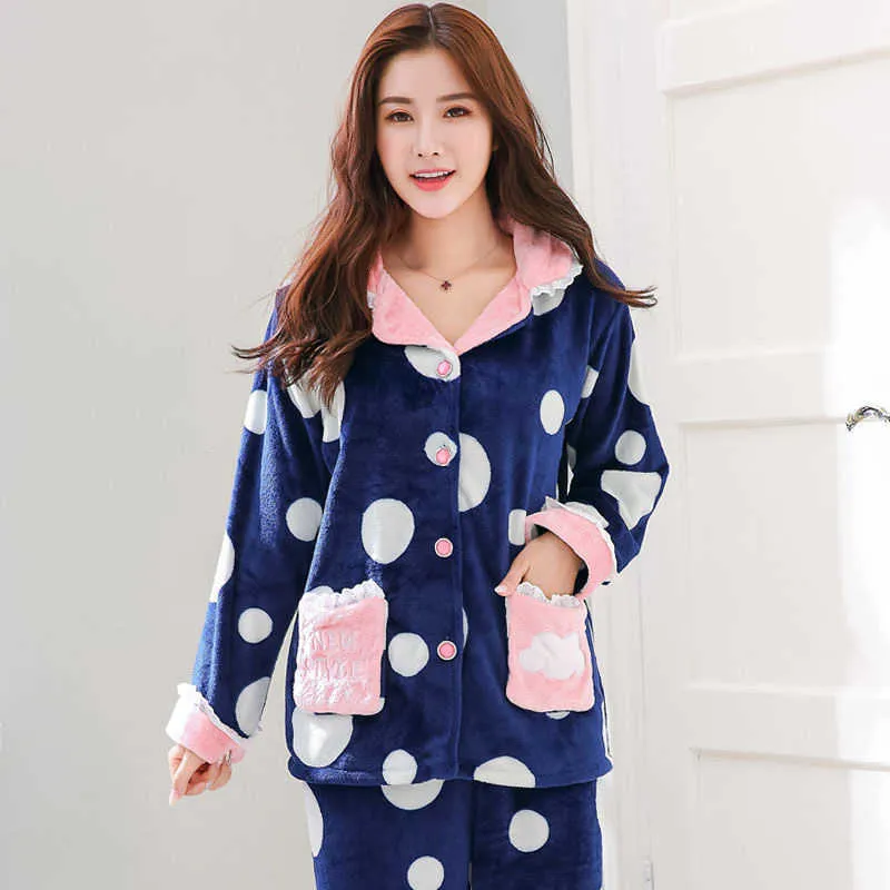 5XL Plus Size Winter Women Thicken Warm Flannel Pajamas Sets Long Sleeve home clothes women Sleep wear Lounge Clothes Home Suit 210622