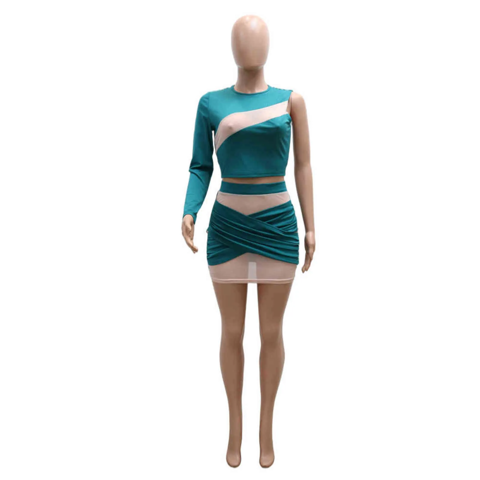Frauen Zweiteilige Mesh-Patchwork-Anzüge Eine Schulter Crop Top Bodycon Minirock Set Sexy Outfits 211116