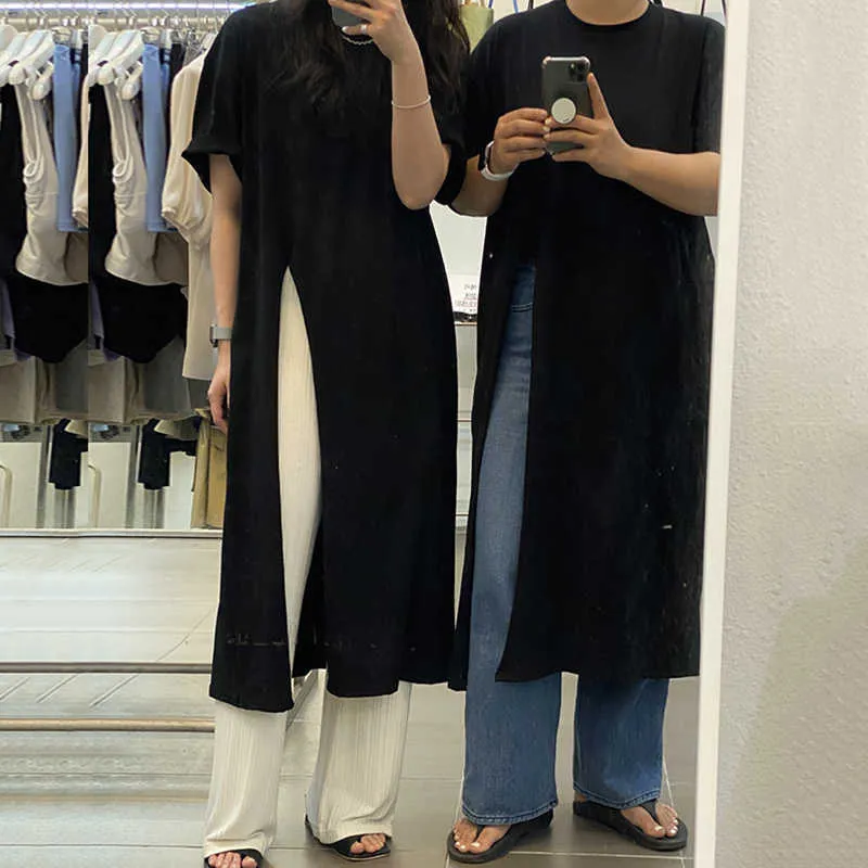 Korejpaa Frauen Kleid Sommer Koreanische Minimalistische All-Match Rundhals Lose Einfarbig Kurzarm Split T-Shirt Vestidos 210526