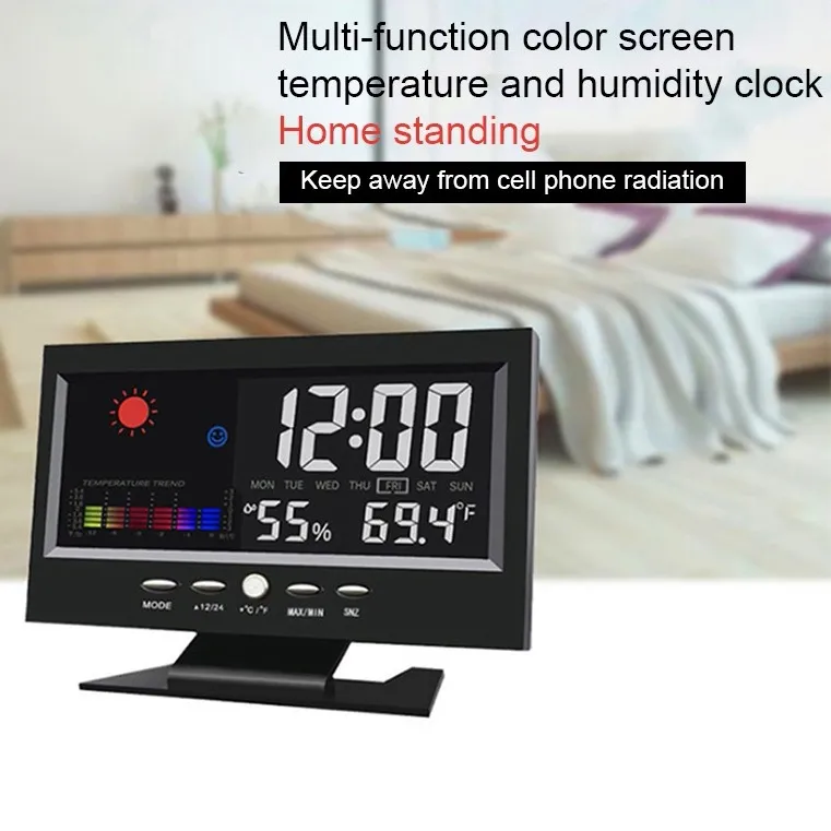 LCD-kleurenscherm Digitale achtergrondverlichting Snooze Wekker Weersverwachting Station Indoor Temperatuur Vochtigheid Tijd Datum Display Klok met Alarts