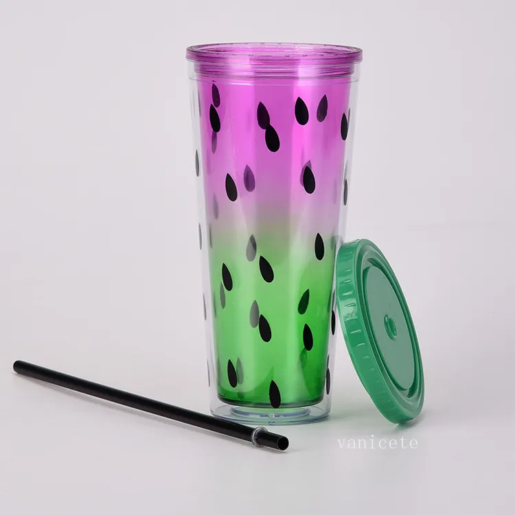 24Oz Plastic Watermelon Tumbler with Lids Straws Double Wall Summer Party Juice Beverage Cup By sea T2I53286