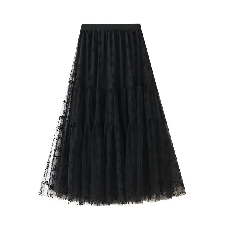 Floral impresso tule saias mulheres plissadas saia preta primavera moda elástico cintura alta malha tutu 210524