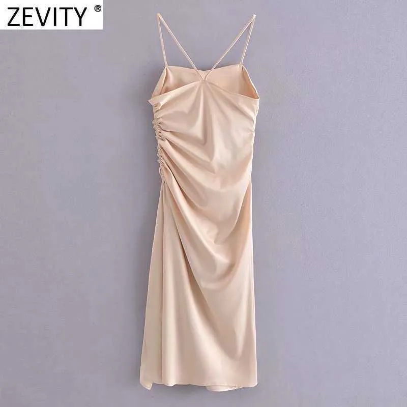 Zevity Women Sexy Side Zipper Drawstring Lace Up Satin Midi Camisole Dress Ladies Spaghatti Strap Dresses Vestidos Mujer DS8253 210603