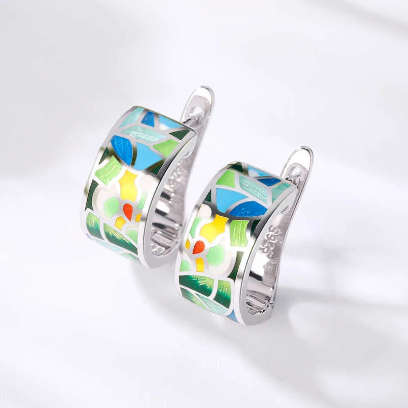 女性のためのOgulee Earrings 925 Sterling Silver Colorful Enamel with Cubic Zirconia Flower Luxury Jewelry 2106166004198