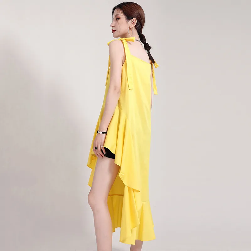 [EAM]女性黄色の不規則なフリル包帯ドレスネックノースリーブルーズフィットファッションスプリングサマー1DD7663 21512