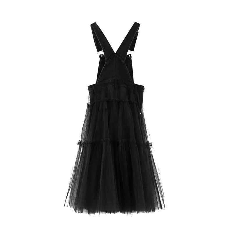 [DEAT] Fashion Summer V-neck Loose Waist Sleeveless Sling Net Yarn Solid Color A-line Dress Women 13D154 210527