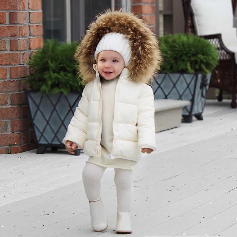 Baby Boy Girl Winte Down Jacket épais coton rembourré infantile enfant en bas âge fourrure manteau à capuche solide costume de neige vêtements à glissière 1-7y 210827