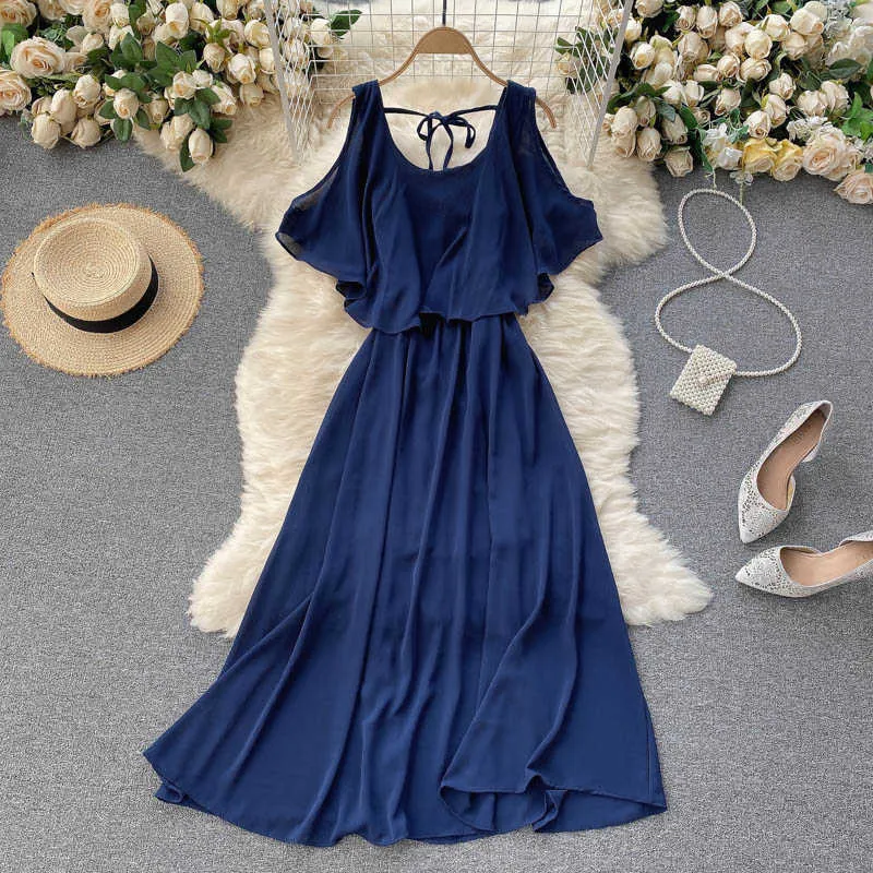 Frauen Mode Chiffon Sommerkleid Rundhals Hohl Rüschen Schlank Urlaub Einfarbig Kleidung Vestidos S229 210527