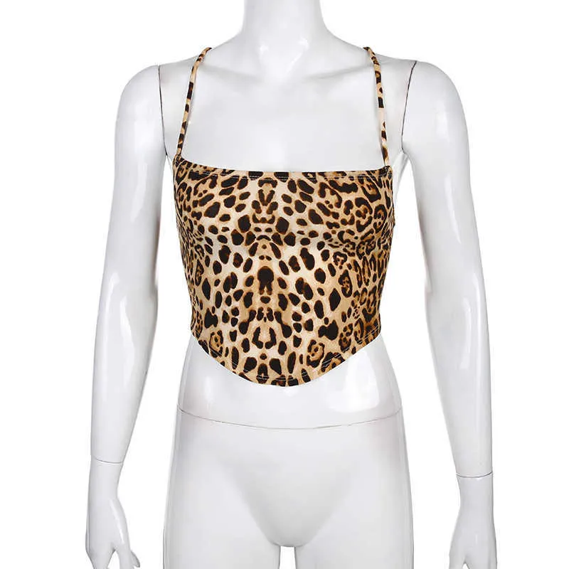 Leopard Pattern Women Tank Tops Backless Sexy Rave Abiti senza maniche Cross Lace Up Bralette Crop Top Summer Streetwear 210527