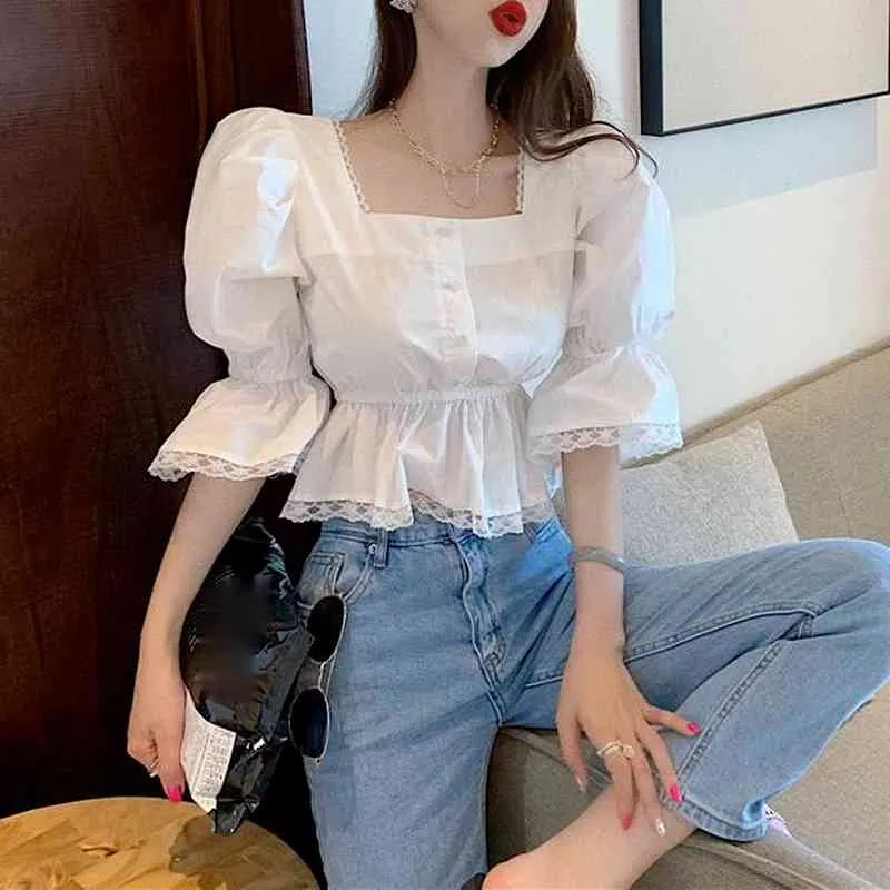 Ezgaga Blouse Shirts Women Square Collar Half Puff Sleeve Lace Patchwork Spring Button Solid All-Match Crop Tops Casual 210430