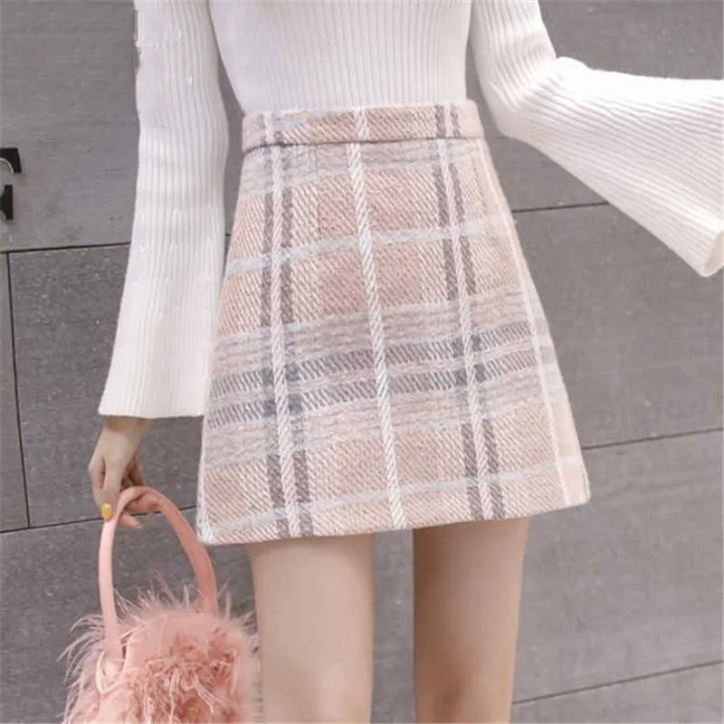Rose Bleu Doux Tweed Laine Mini Jupe Femmes Mode Coréenne Taille Haute En Laine À Carreaux Jupe Dames Bureau Casual Streetwear Faldas 210619