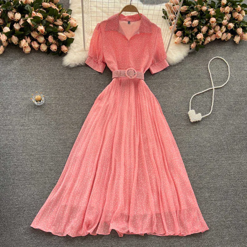 Summer Sweet Purple/Pink/Yellow Polka Dot Chiffon Long Dress Women Elegant Turn-Down Collar Short Sleeve Pleated Vestidos Sashes Y0603