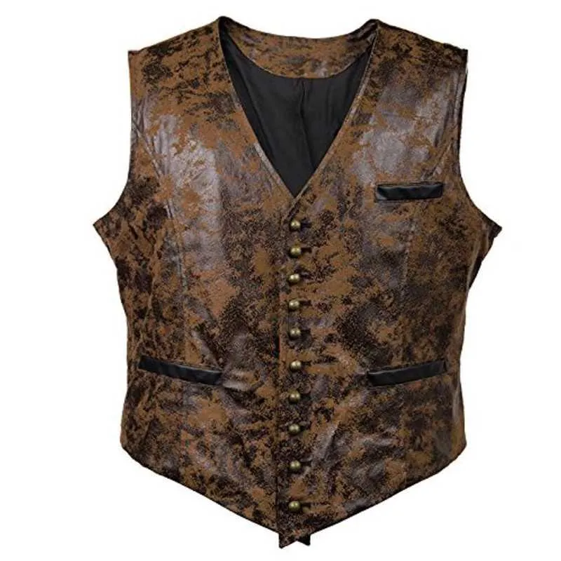 Hommes Steampunk Cosplay Costume Gilet Veste Marque Rivet Bouton Faux Cuir Cowboy Taille Manteau Chalecos Para Hombre 210923