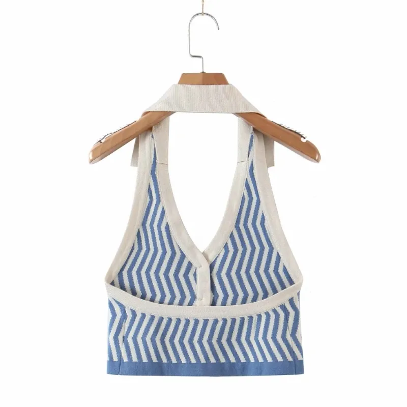 Sommar Kvinnor Sexig Backless Striped Stickad Vest Deep V Hals Enstaka Bröst T-shirt Casual Kvinna Kort Toppar T1500 210430