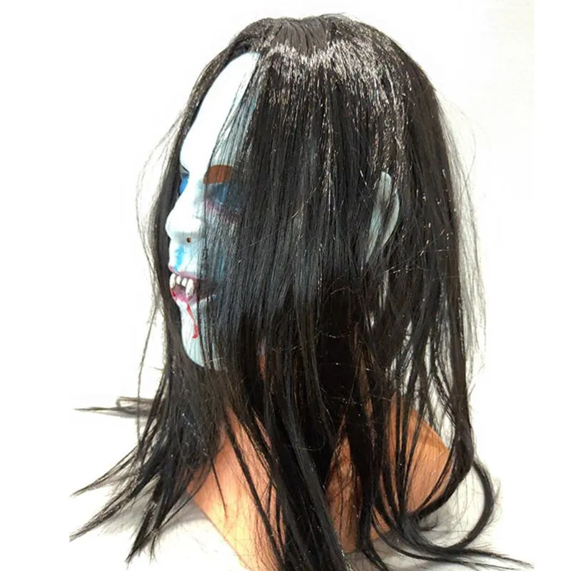 Cadılar bayramı Tema Partisi Başkanı Korku Uzun Siyah Saç Sadako Hayalet Maske Korkunç Cosplay Masquerade Perili Ev Rol Drop