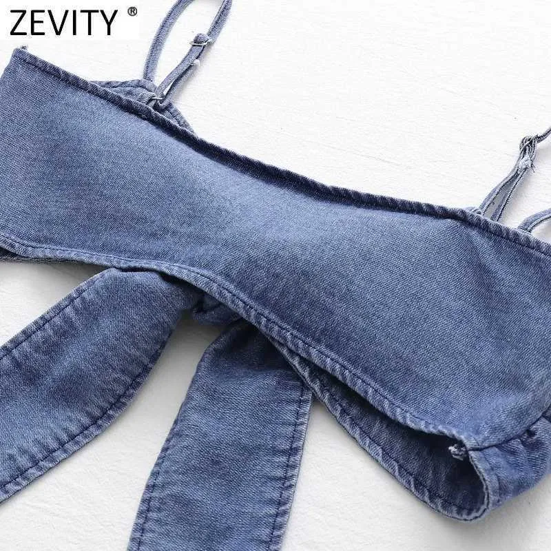 Zevity Women Spaghetti Strap Sexy Bow annodato Chic Short Denim Camis Tank Ladies Summer Slim Crop Sling Top LS9059 210603