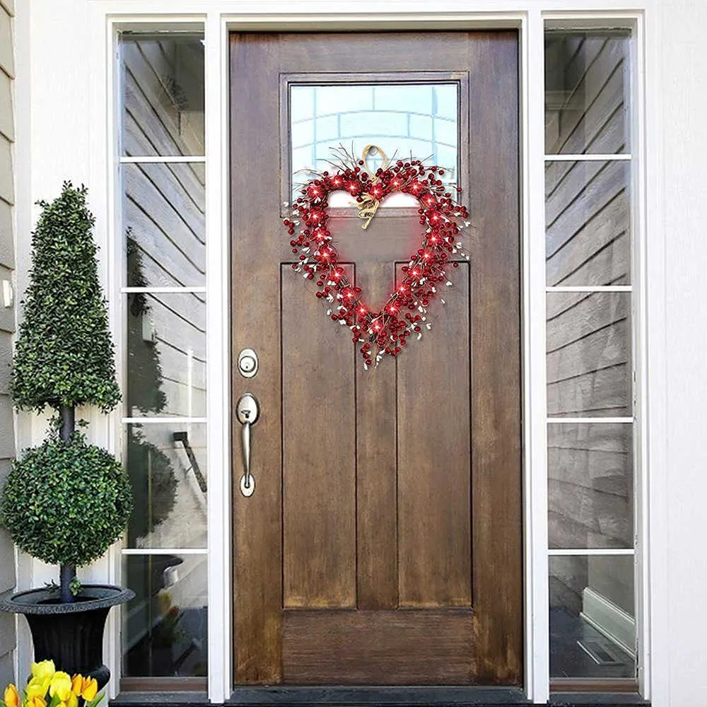 Couronne de la Saint-Valentin de 16 pouces, décorations de porte d'entrée, baies rouges, couronnes en forme de cœur avec 20 LED, fonctionne à piles, LBSh Q0812