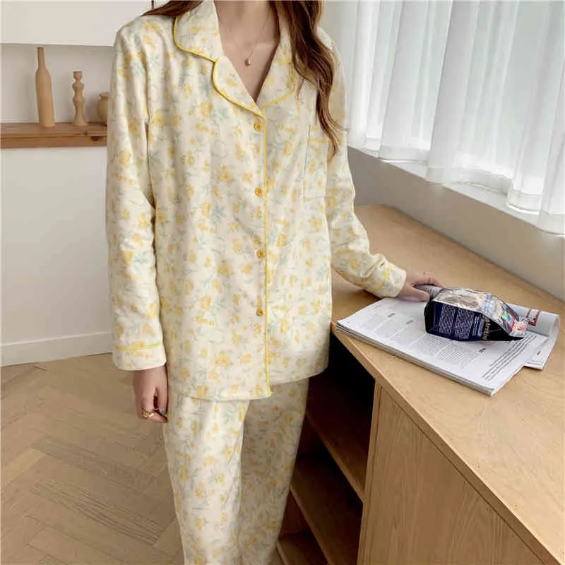 Vêtements de nuit doux mignon deux pièces costume chaud impression homewear doux décontracté lâche mode manches longues pyjamas ensemble 210525
