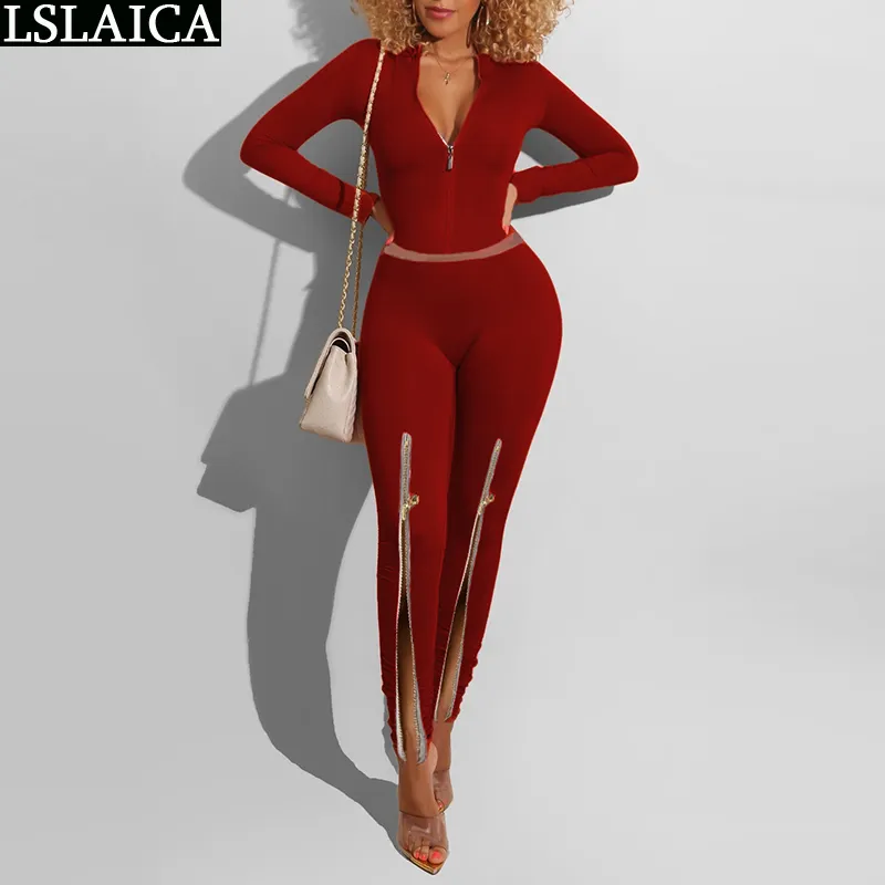 Sexy Two Piece Set Women Autumn Solid Zipper Skinny 2 Club Outfits Plus Size Crop Top Long Pants Sets Fashion Clubwear 210515