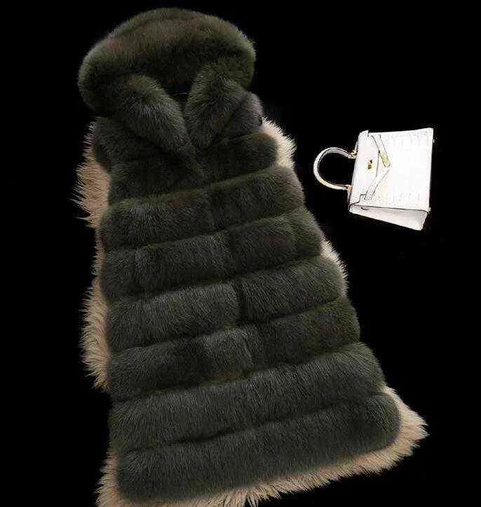 全体の皮の毛皮のフード付き模造毛皮のコート女性の長袖のベスト211207