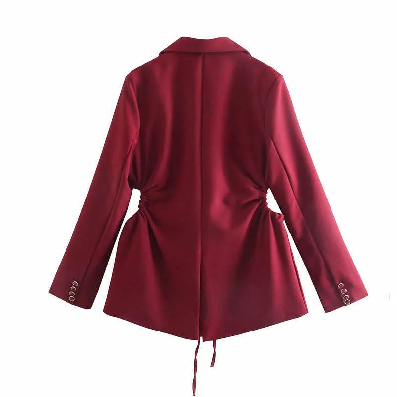 Za cut out lange blazer vrouwen vintage schouders pads ruches rood kantoor dame blazers jas vrouw zelf stropdas zomer bovenkleding top 210602